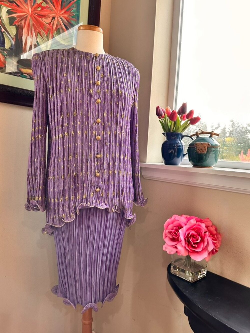 Lilac & Gold Fortuny Pleated 2 pc Ensemble of Tunic Top & Skirt - Sz. S - 1980s